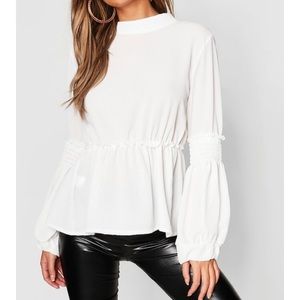 Woven Shirred Balloon Sleeve Blouse
